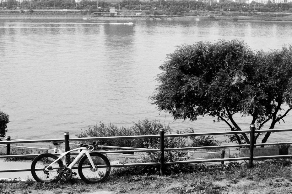 Czarno białe zdjęcie roweru szosowego na tle jeziora